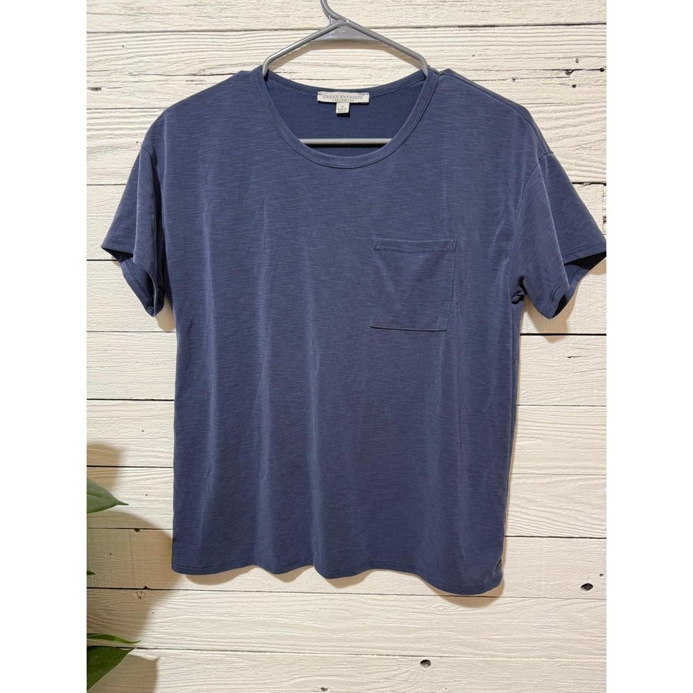 Green Envelope Los Angeles Women Small Blue Knit Pocket T-Shirt Short Sleeve